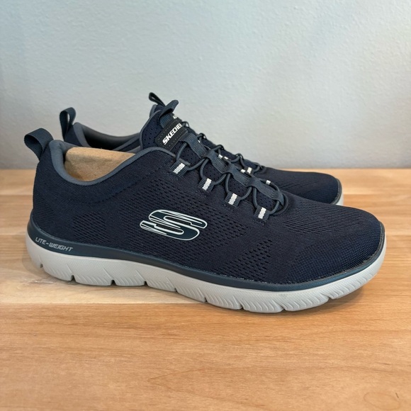 Men's 10 Skechers Memory Foam Navy Blue Slip on Athletic Sport Walking Shoes - Picture 4 of 6